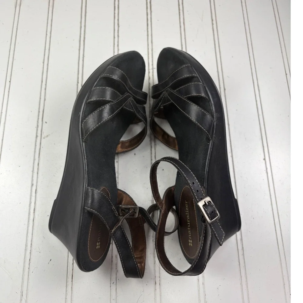 Naturalizer Black Leather Platform Slingback Wedge Sandals Women's Size 9